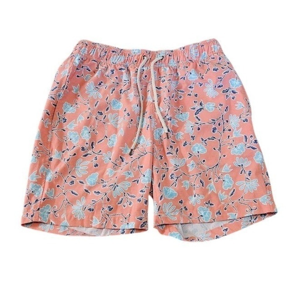 Faherty Swim Trunks Men Medium Coral Blue Floral Drawstring Board Shorts